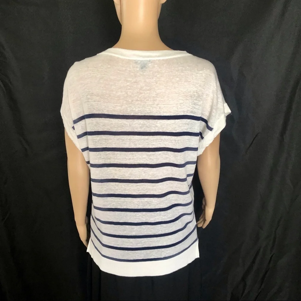 New ANN TAYLOR Striped Linen-Blend Top White Blue